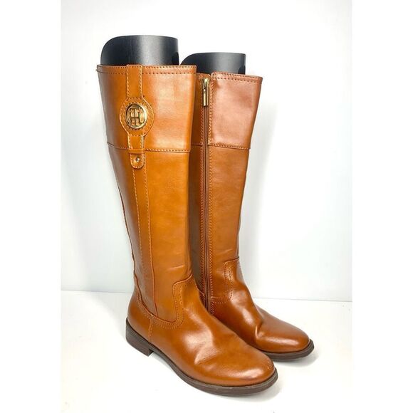 Tommy Hilfiger Twimina Tall Riding Boots Brown Leather Round Toe Women 5.5 - Picture 1 of 7